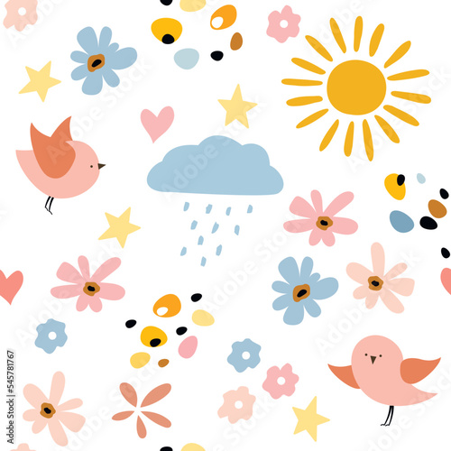 seamless childish pattern of sun  clouds  birds  hearts doodle drawing hand sketch. Children s drawing. Print for children s clothing  fabric  paper
