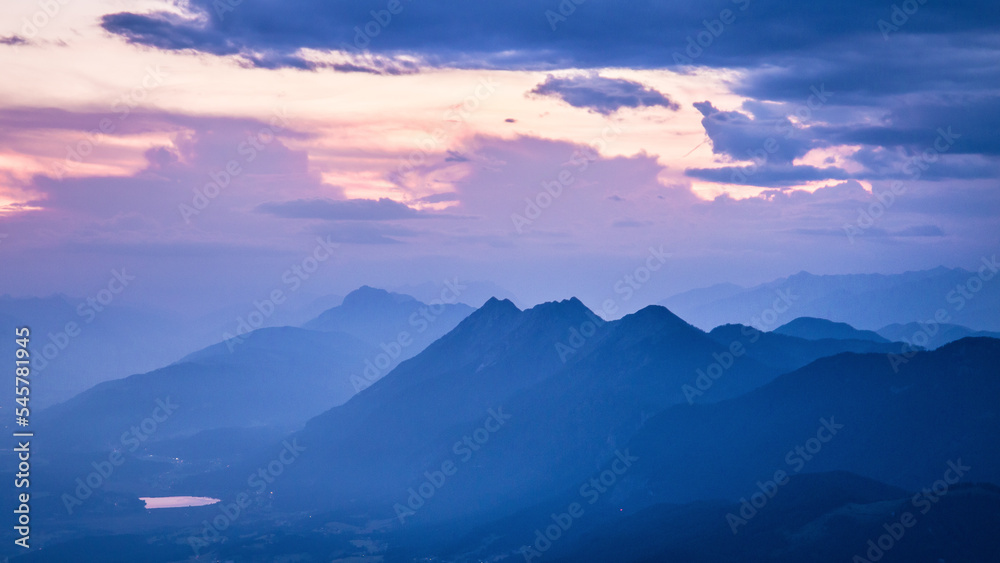 Mountain landscape in Austria during dawn with colorful sky
