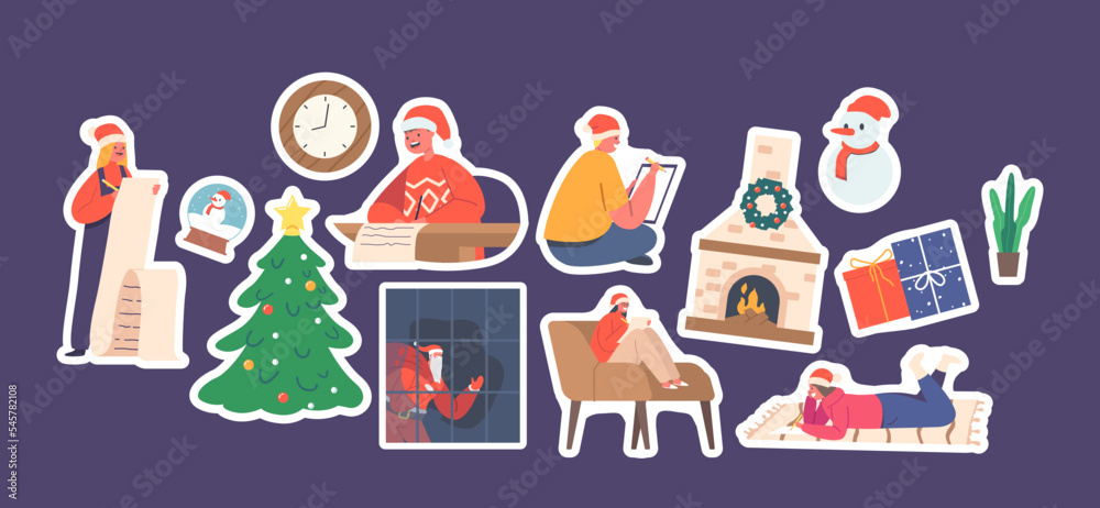 Set of Stickers Children Write Letter to Santa Claus. Little Boys and Girls Wear Red Hats Writing Wish List. Fire Place Set of Stickers Children Write Letter to Santa Claus. Little Boys and Girls Wear Red Hats Writing Wish List. Fire Place
