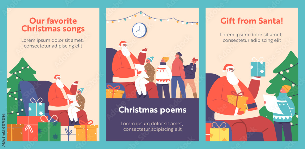 Children Read Poems to Santa Claus Cartoon Banners. Little Girls and Boys Characters Stand in Queue Wait Meeting Posters