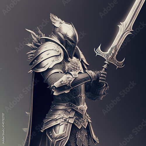 Tela Fantasy Knight in armor with a sword 3 d render