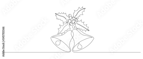 One continuous line drawing of Christmas Holly leaves and bells. Festive aquifolium plant and berry in simple linear style. Icon template for greeting card banner and logo. Doodle vector illustration