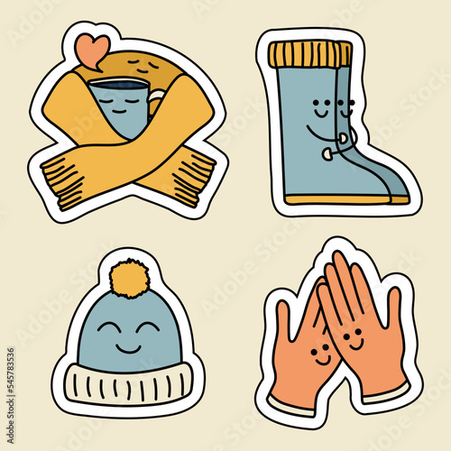 Cute clothes stickers with emotions and hugs. Kawaii autumn clothes and a cup of coffee with cute faces. Scarf hugs coffee. Boots hug each other. Smiling hat. Glove Friends. Vector illustration