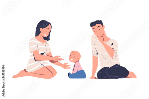 Happy family concept. Family couple sitting on floor with their baby expressing love and care cartoon vector illustration