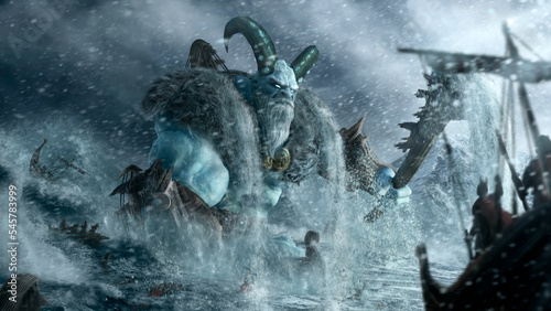 A huge monster with a big stone hammer and fur on his shoulders rises from the water. Ancient giant with a beard and horns in ships armor drowns Viking drakkars in the northern sea, 3d illustration. photo
