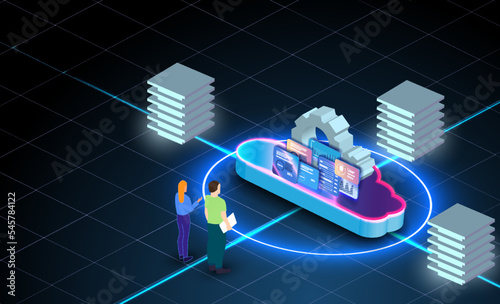 Network computing technologies. Futuristic Server. Digital space. Data storage. Vector illustration Cloud technology. Cloud computing.