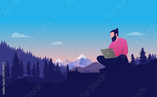 Work freedom - Person working on computer anywhere remotely, sitting in nature landscape typing and looking at screen. Vector illustration