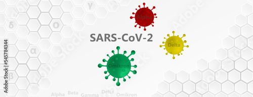 COVID-19, Coronavirus SARS-CoV-2 Illustration mit verschiedenen Virusvarianten.