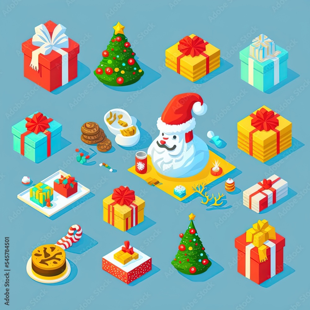 christmas and new year icons, isometric style illustration