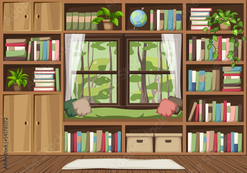 Country room interior design with bookshelves, plenty of books and houseplants, window seat, and windows with forest view. Forest cabin interior. Reading room. Cartoon vector illustration