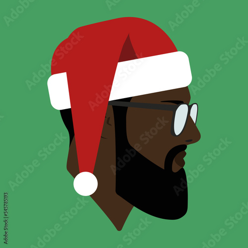 Santa hat. Portrait. Silhouette. Bearded black guy in Santa hat. Black guy in sunglasses. Male head with beard. Man head silhouette. Man Flat illustration. 