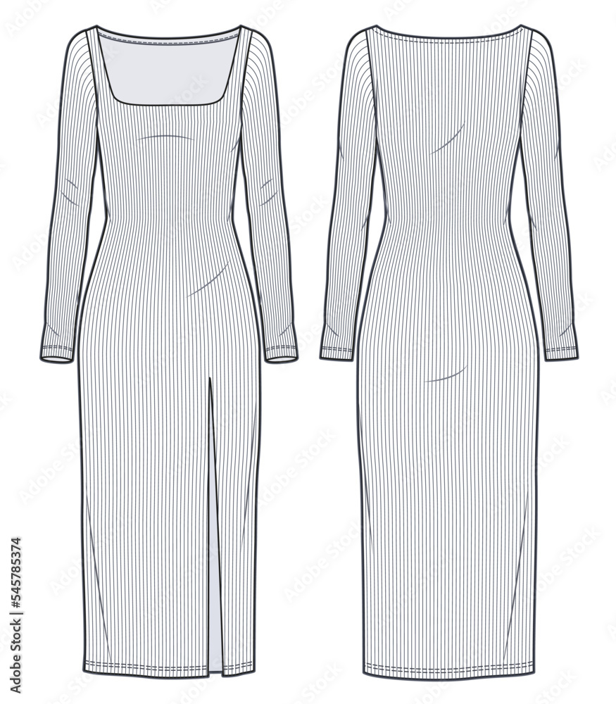 Ribbed Sweater Dress technical fashion illustration. Women Jersey Dress  fashion flat technical drawing template, square neck, ribbed, slim fit,  front slit, front and back view, white, CAD mockup set. Stock Vector