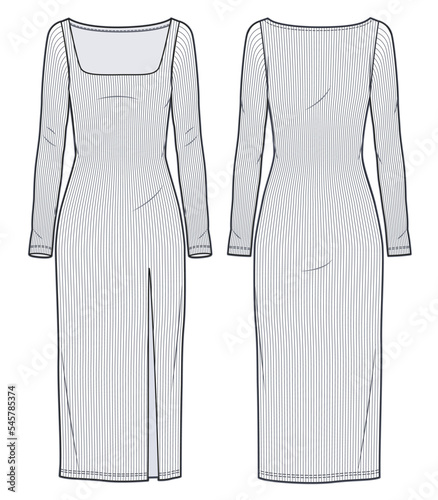 Ribbed Sweater Dress technical fashion illustration. Women Jersey Dress fashion flat technical drawing template, square neck, ribbed, slim fit, front slit, front and back view, white, CAD mockup set.