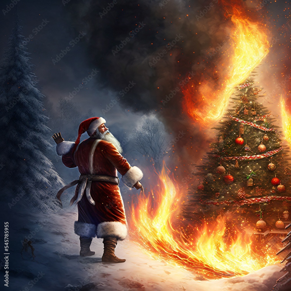 illustration of a depressed santa claus in front of a burning christmas tree in a winter landscape