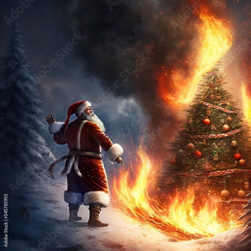 illustration of a depressed santa claus in front of a burning christmas tree in a winter landscape