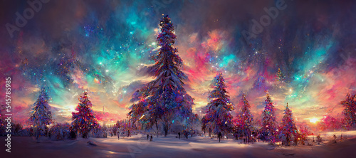 illustration of a beautiful christmas winter landscape with christmas trees and colorful sky  digital art