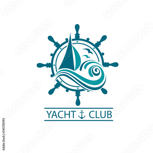 icon of sailing yacht, helm and ocean waves with seagulls