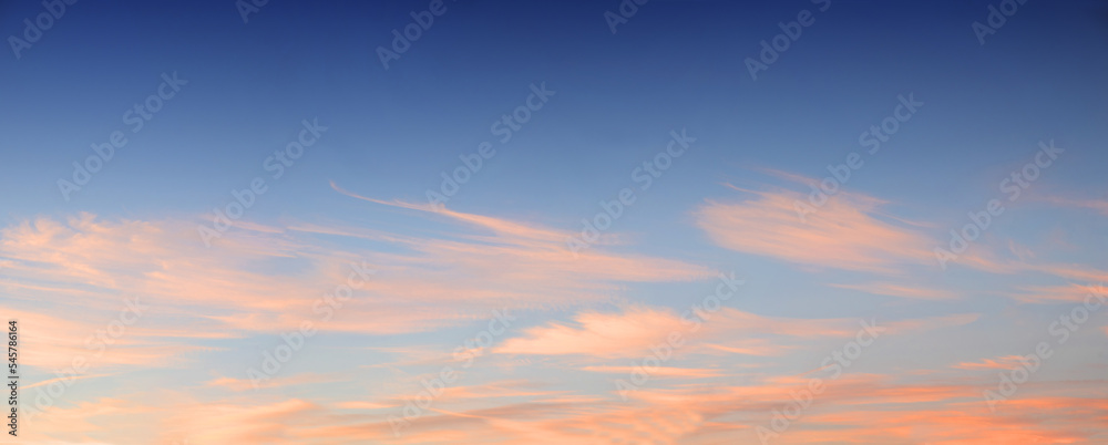 sunset sky blue and pink cirrus clouds panorama
