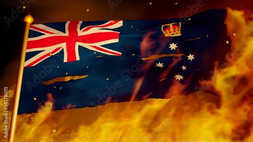 Flag of Victoria, Australia burning in war, crisis, forest fire, collapse (3D render)