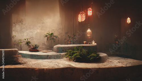 Ancient interior Turkish bath, frescoes on the walls, baths, oriental lanterns. Fantasy Turkish palace interior. 