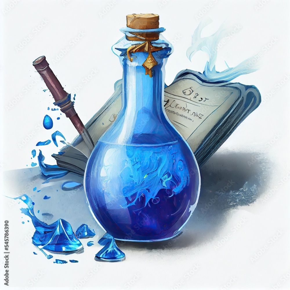 Blue magic potion isolated on white background. Fantasy magic item