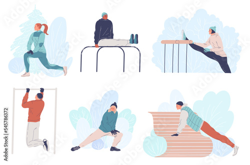 People working out outdoors in the winter. Athletes exercise. Winter training