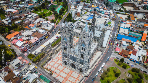 Aerial drone view of Quito Ecuador Basilica of the National Vow (Basílica del Voto Nacional)