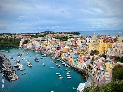 view of the city. View of the Corricella neighbourhood. Island of Procida. Colourful houses facing the sea. Old fishermen's houses. Campania. Italy
