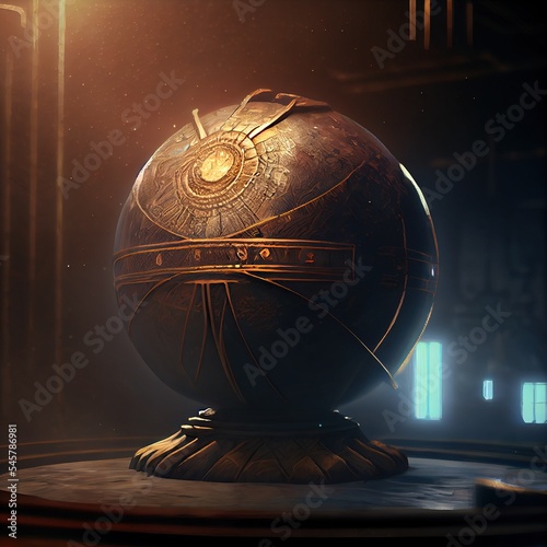 3d render of a medieval magical mechanical fantasy sphere. Video game artifact design.