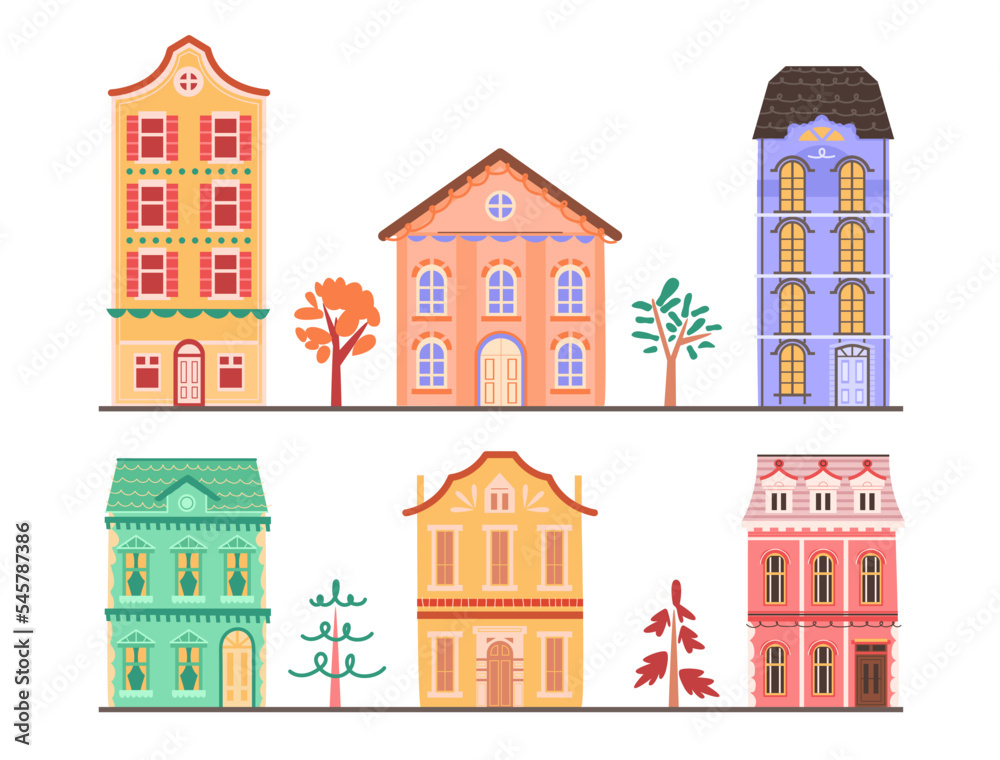 Set of colorful old cute houses with trees isolated on white background.