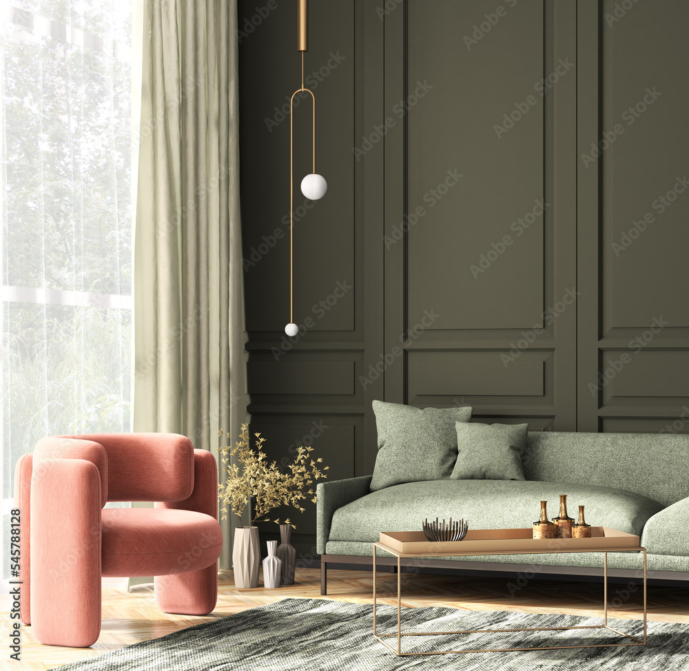 Interior design of modern apartment, living room with green sofa and ...