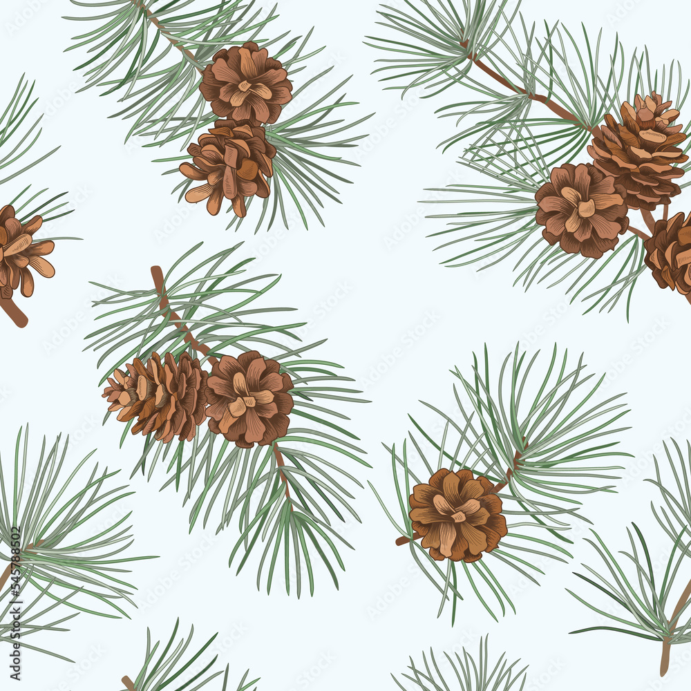Fototapeta premium Winter forest seamless pattern with pine branches and cones. Evergreen floral christmas vector illustration. Engraving hand-drawn nature background.
