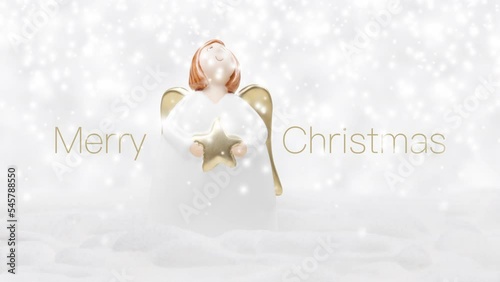 Merry Christmas text on snowing background with angel with golden wings and star in hand, isolated on snowflakes, white Christmas concept template for greeting gift card or promo advertising banner