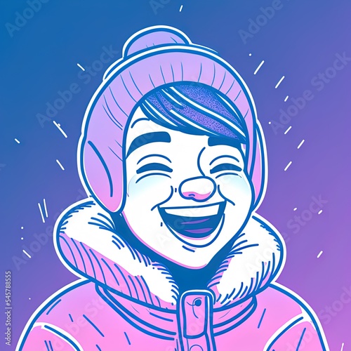 cold gradient line drawing of a cartoon happy woman