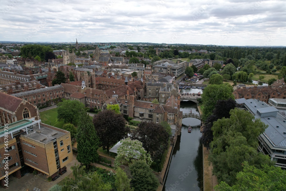 Queens' College Cambridge City centre UK drone aerial view