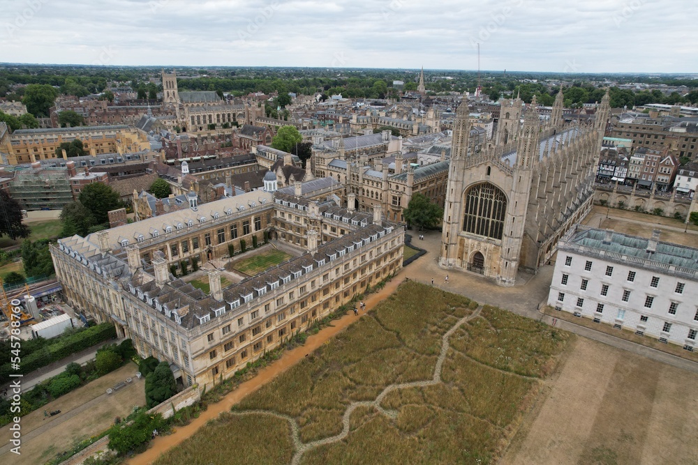 King's College Chapel Cambridge City centre UK drone aerial view heatwave summer 2022 .