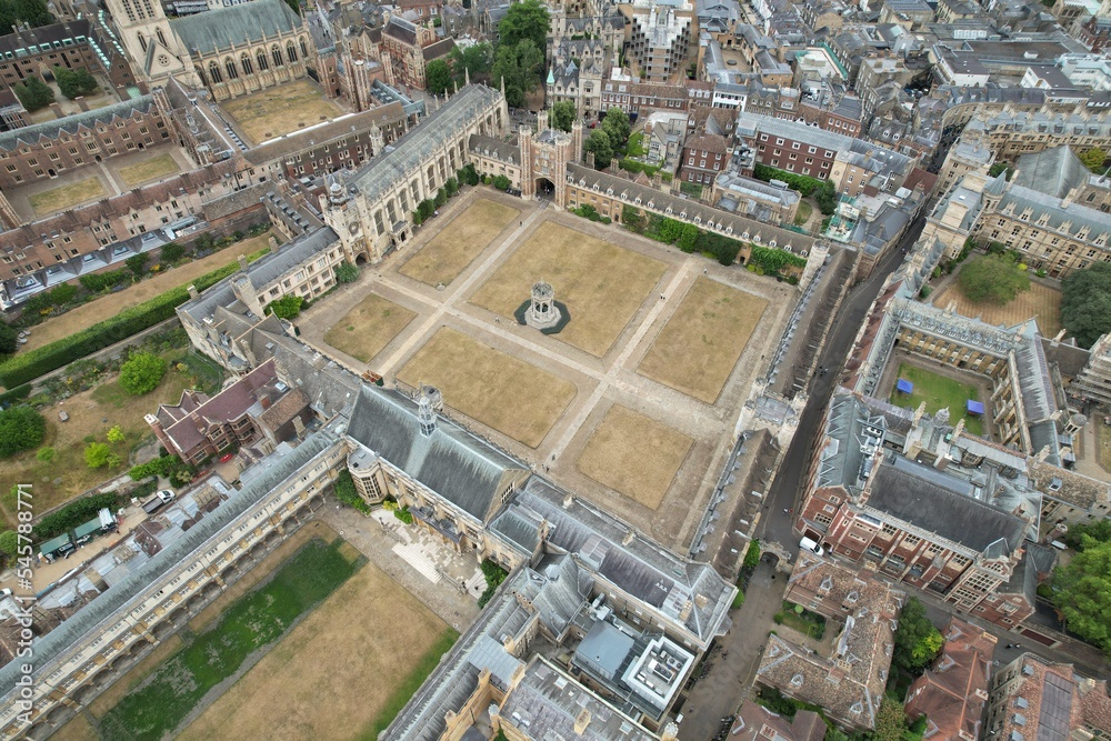 Trinity College Cambridge City centre UK drone aerial view ..