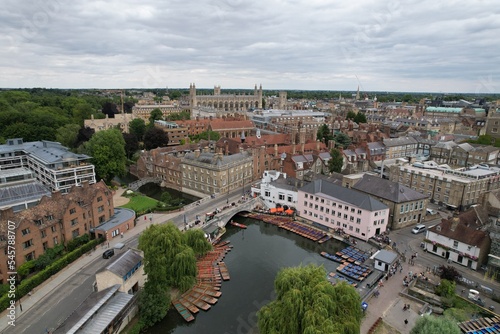 Cambridge City centre punts on river cam UK drone aerial view .