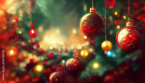 Christmas tree with toys. Fragment decorated. 3d rendering