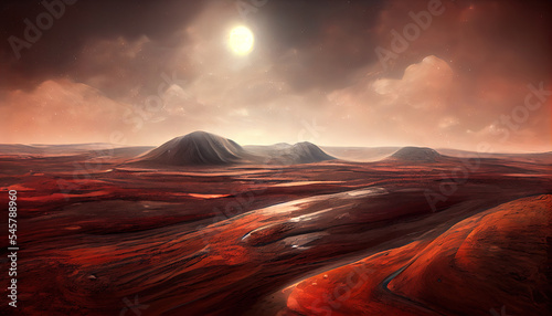 Landscape on the planet Mars, surface is a picturesque desert on red planet. Background of space game, cover, poster with red earth, mountains, stars, 3d artwork