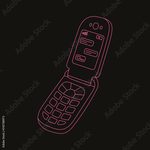 Poster with a clamshell phone. Cute and stylish retro mobile phone with buttons. Old-fashioned model from 2000s. Vintage electronics concept. Line art, editable stroke. Vector illustration.