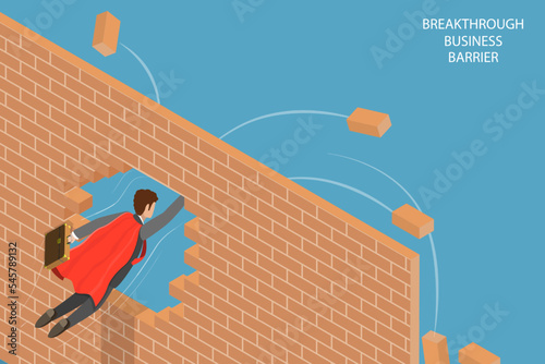 3D Isometric Flat Vector Conceptual Illustration of Breakthrough Business Barrier, Overcoming Obstacles