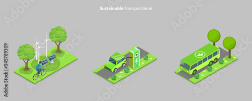 3D Isometric Flat Vector Conceptual Illustration of Sustainable Transportation, Green Eco Vehicles