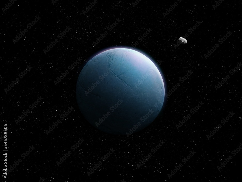 Distant planet covered in ice with asteroid in deep space. Distant planet covered in ice with asteroid in deep space.