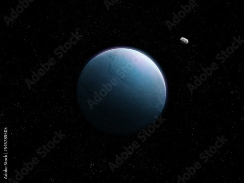 Distant planet covered in ice with asteroid in deep space.
