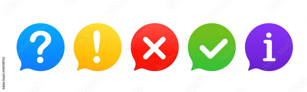 Icon set of check mark, cross, question mark, exclamation mark, information icon. FAQ sign. Check mark, question, information and answer on a white background. Vector illustration Icon set of check mark, cross, question mark, exclamation mark, information icon. FAQ sign. Check mark, question, information and answer on a white background. Vector illustration