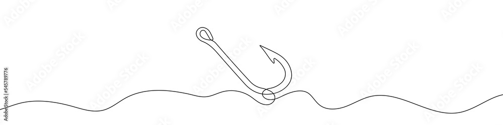 Continuous line drawing of fishing hook. One line icon of fishing hook. One line drawing background. Vector illustration. Line art of fishing hook Continuous line drawing of fishing hook. One line icon of fishing hook. One line drawing background. Vector illustration. Line art of fishing hook