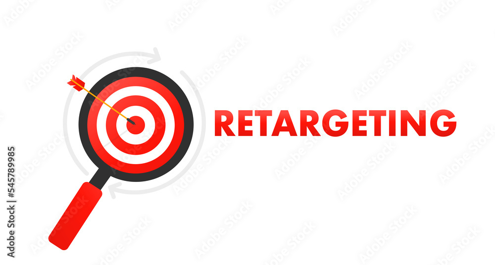 retargeting, digital marketing concept with magnifying glass and target on white isolated background. Vector illustration retargeting, digital marketing concept with magnifying glass and target on white isolated background. Vector illustration