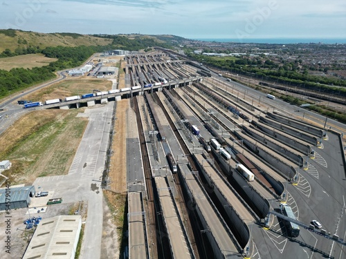 Eurotunnel Folkestone Terminal Channel tunnel UK drone aerial view..