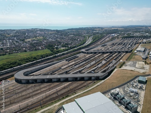 Eurotunnel Folkestone Terminal Channel tunnel UK drone aerial view.. photo